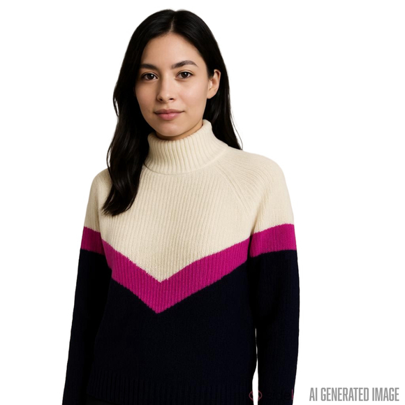 Aqua Sweaters - Aqua Bloomingdale’s 100% Cashmere Mock Neck Chevron Navy Pink Sweater Med NWT